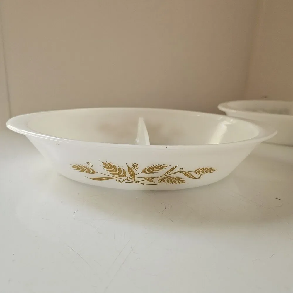 Set Of 2 Vintage Glassbake Oval Divided Dishes White Milkglass Wheat & Blueberry